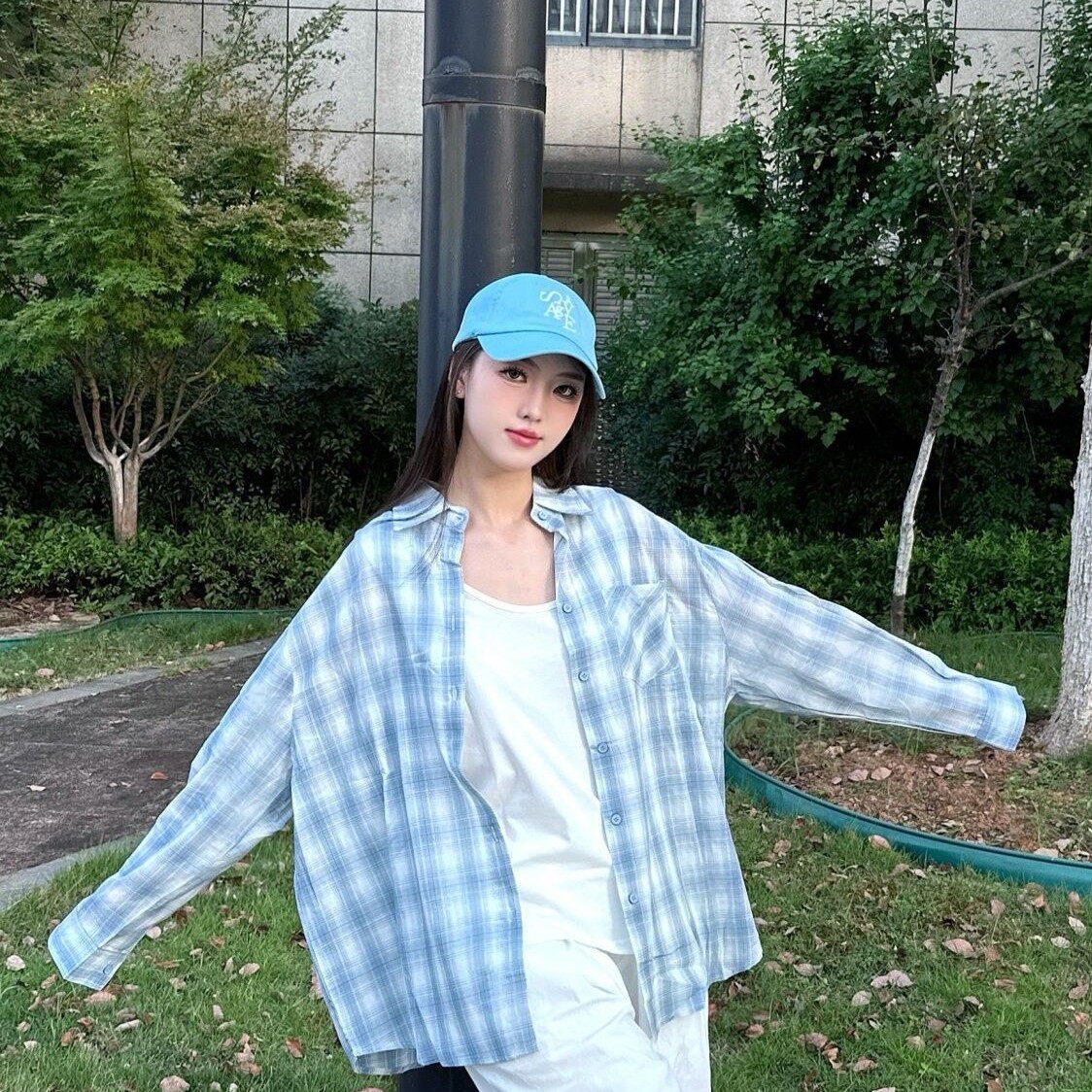 美式甜酷风灰蓝撞色格子衬衫女长袖百搭可爱休闲春季叠穿盐系外套