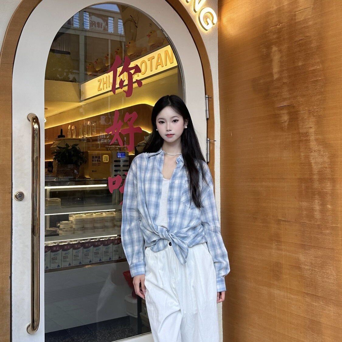 美式甜酷风撞色蓝格子衬衫女长袖百搭可爱休闲春季叠穿盐系外套潮