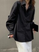 大码 秋季 宽松衬衣上衣 女长袖 休闲复古港风百搭中长款 法式 黑色衬衫