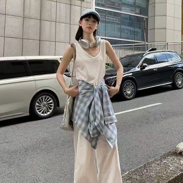 美式甜酷风灰蓝撞色格子衬衫女长袖百搭可爱休闲春季叠穿盐系外套