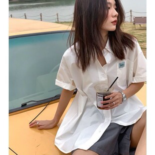 韩范慵懒风白色短袖衬衫女学院风宽松设计感上衣休闲半袖衬衣夏季