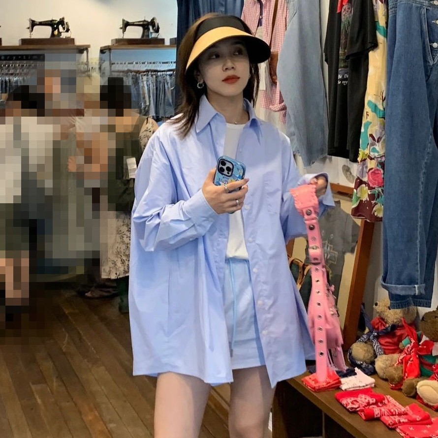 春季高级浅蓝色衬衫女长袖外套宽衬衫