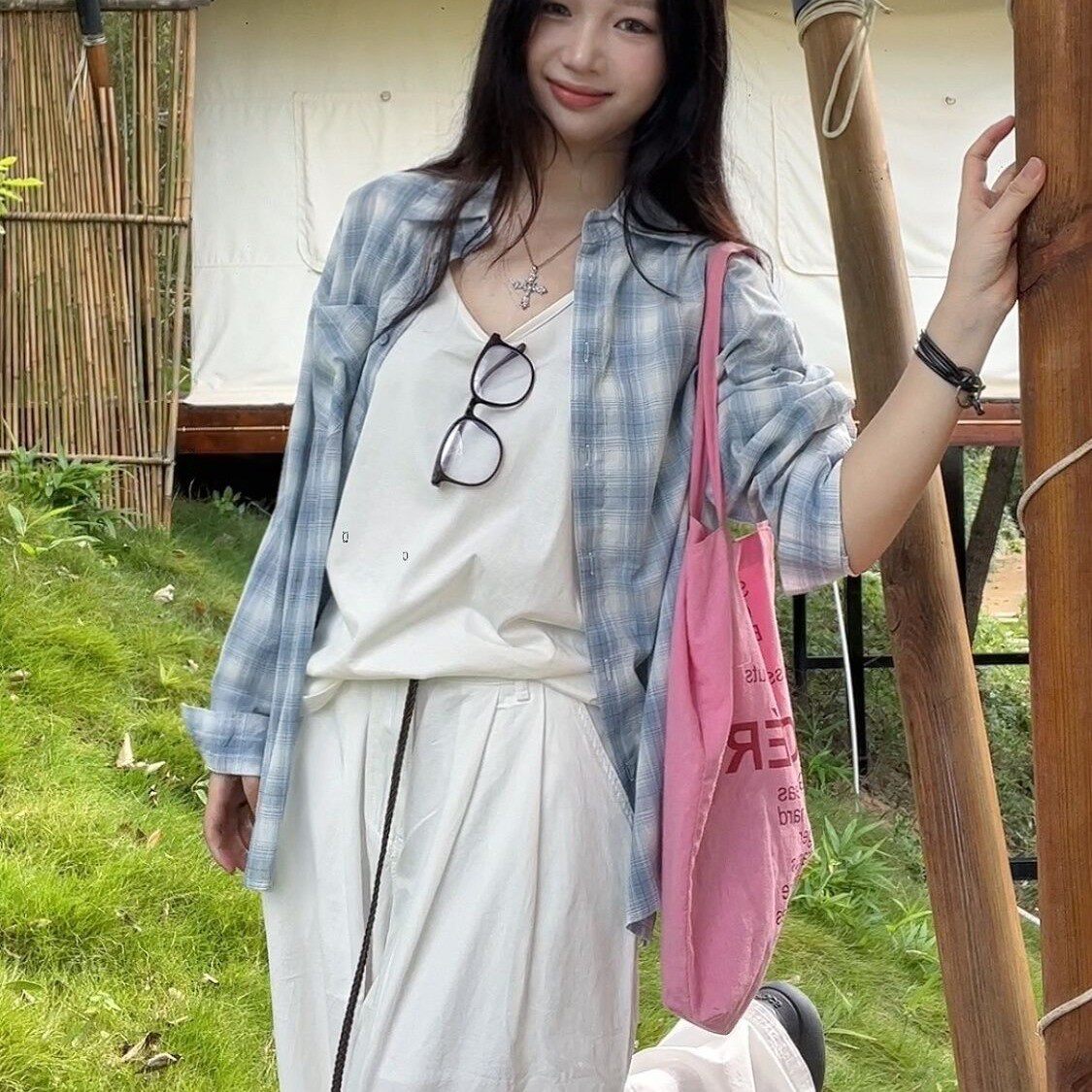 美式甜酷风灰蓝撞色格子衬衫女长袖百搭可爱休闲春季叠穿盐系外套