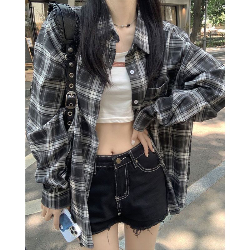 春季时尚休闲格子衬衫女长袖慵懒风宽松衬衣外套2024早秋新款上衣