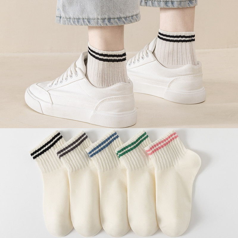 米白色袜子女士短袜纯棉夏季日系可爱条纹中筒春秋款运动学生棉袜