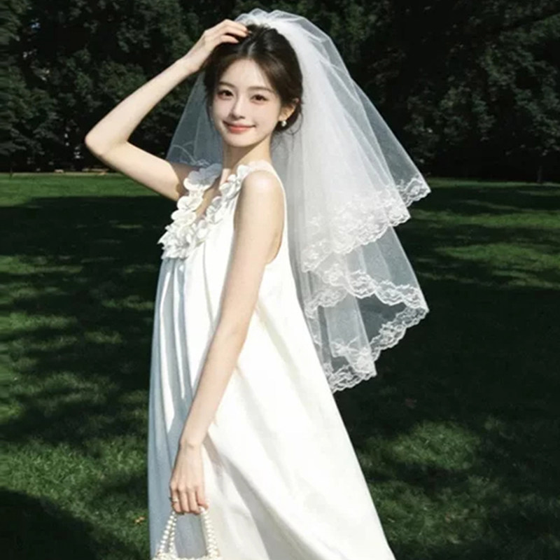法式蕾丝头纱领证白超仙甜美新娘头饰求婚拍照道具高级感蓬蓬短款