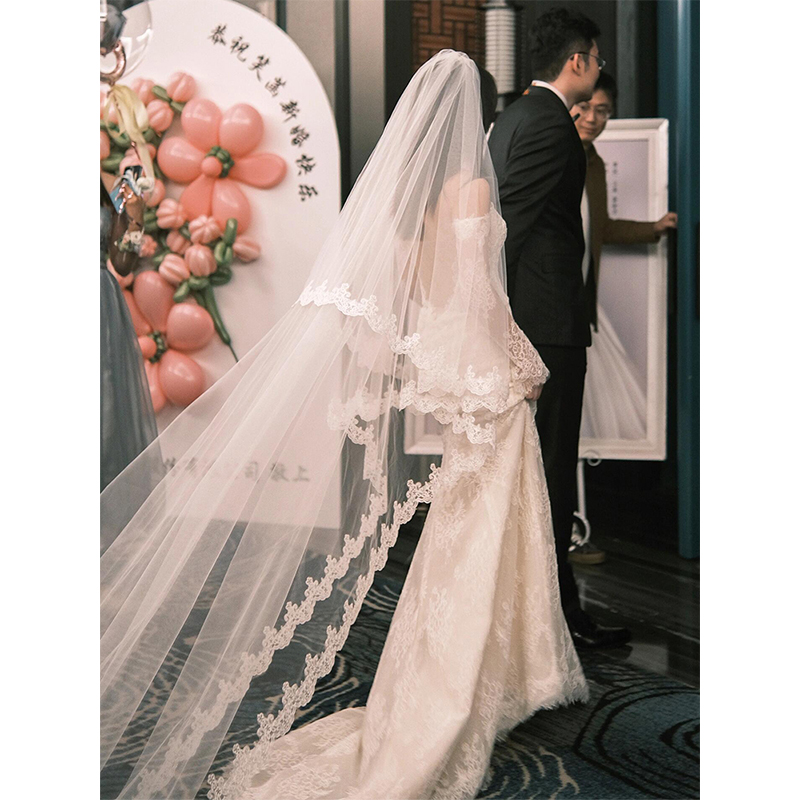 高级蕾丝头纱新娘主婚纱复古超仙