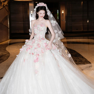 头纱新娘主婚纱森系甜美花朵超仙发饰求婚领证拍照道具温柔风气质