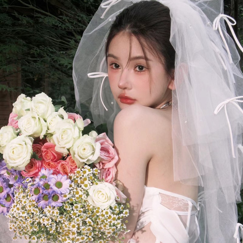 头纱领证白森系超仙蝴蝶结珍珠求婚头饰新娘婚纱拍照道具百搭甜美