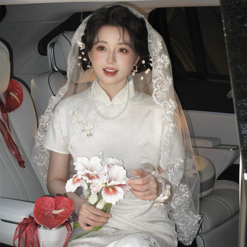 法式复古蕾丝头纱新娘主婚纱绝美