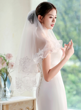 卷边蕾丝头纱新娘主婚纱超仙复古