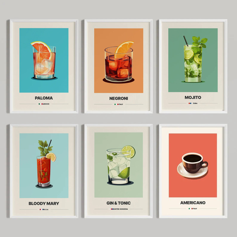 装饰画挂画墙壁酒吧鸡尾酒威士忌莫吉托马天尼插画酒柜画框简约
