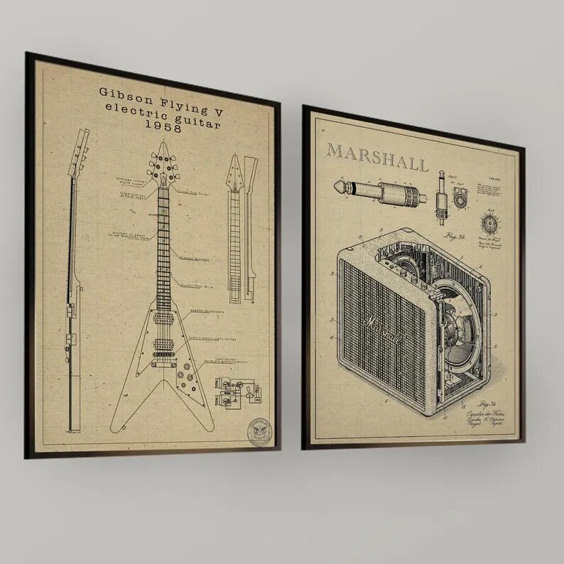 复古怀旧电吉他磁带耳机架子鼓钢琴小号小提琴乐器音乐教室装饰画