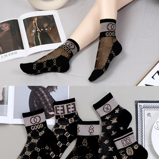 丝袜女短中筒春夏水晶玻璃丝薄款 棉底金丝字母透明网红潮ins女士