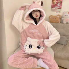 珊瑚绒睡衣女秋冬季款卡通可爱凯蒂猫毛绒学生加厚保暖家居服套装