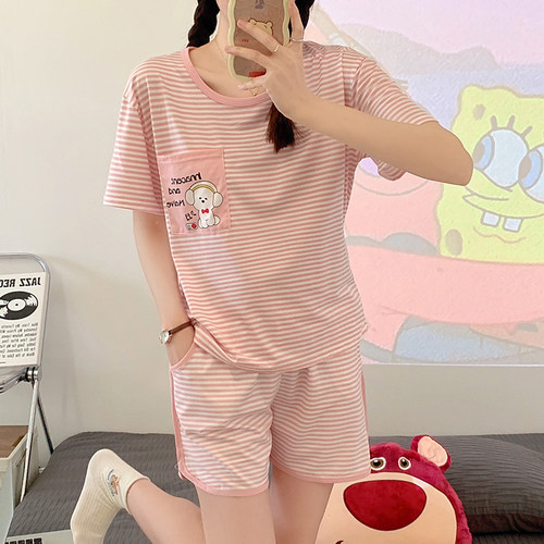 睡衣女新款纯棉短袖有口袋夏套装