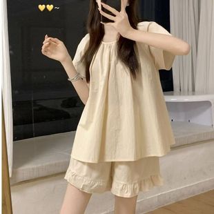 新款 短裤 睡衣女夏季 云朵棉短袖 甜美可爱韩版 荷叶边家居服两件套装