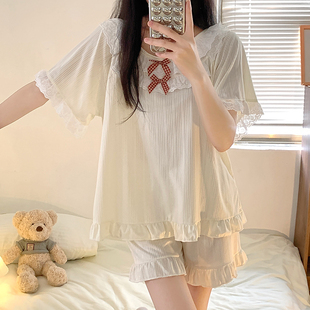 日系甜美in风荷叶边睡衣女夏季 蝴蝶结短袖 蕾丝花边学生家居服套装