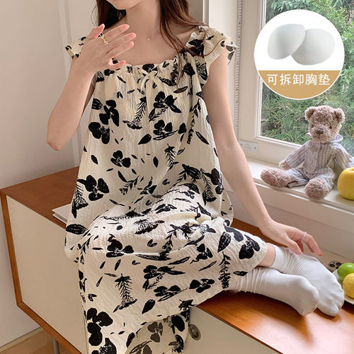 带胸垫吊带睡裙夏季女梭织纯棉甜美睡衣夏天女士宽松背心款家居服