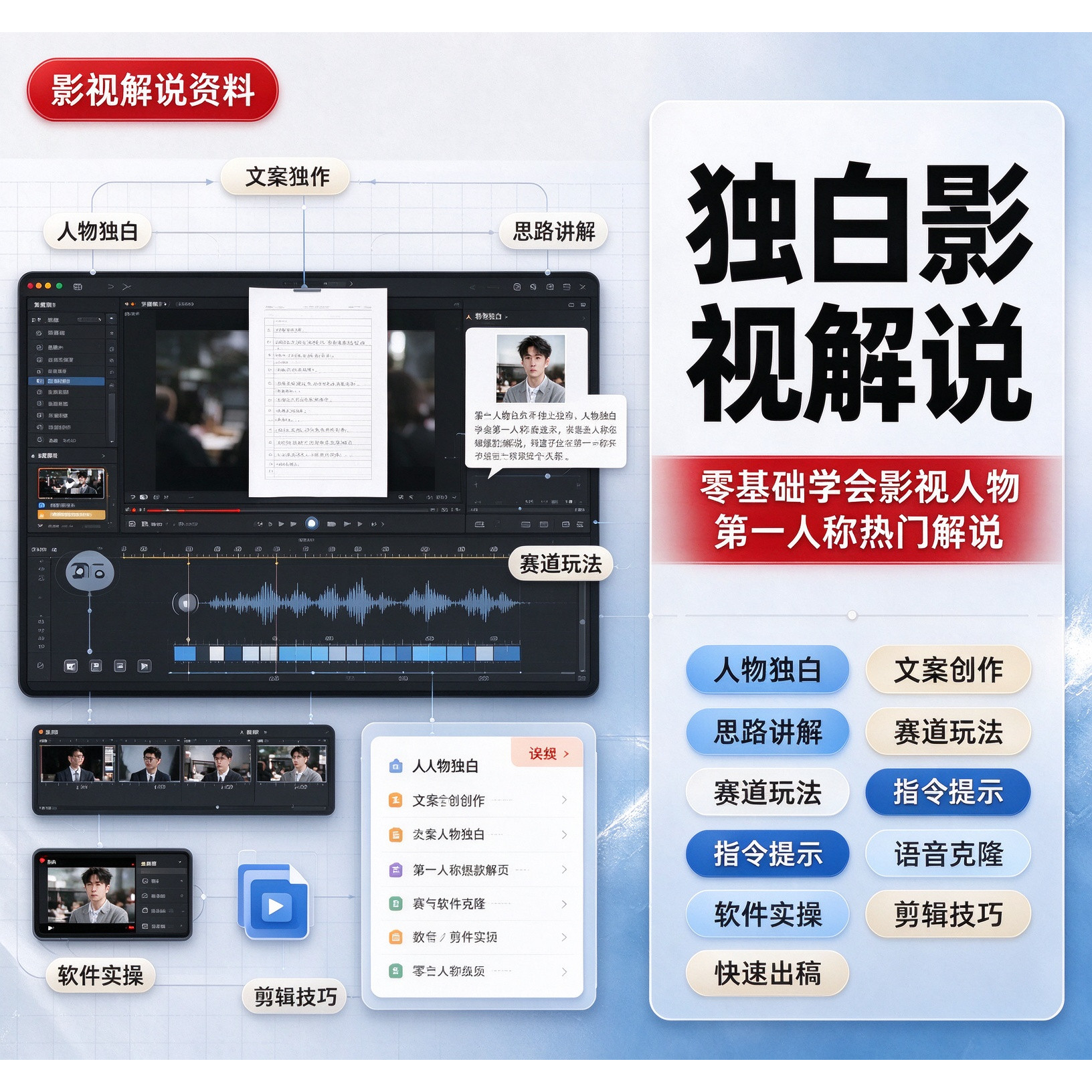 第一人称影视解说教程AI文案配音制作剪辑抖音人物独白解说课程