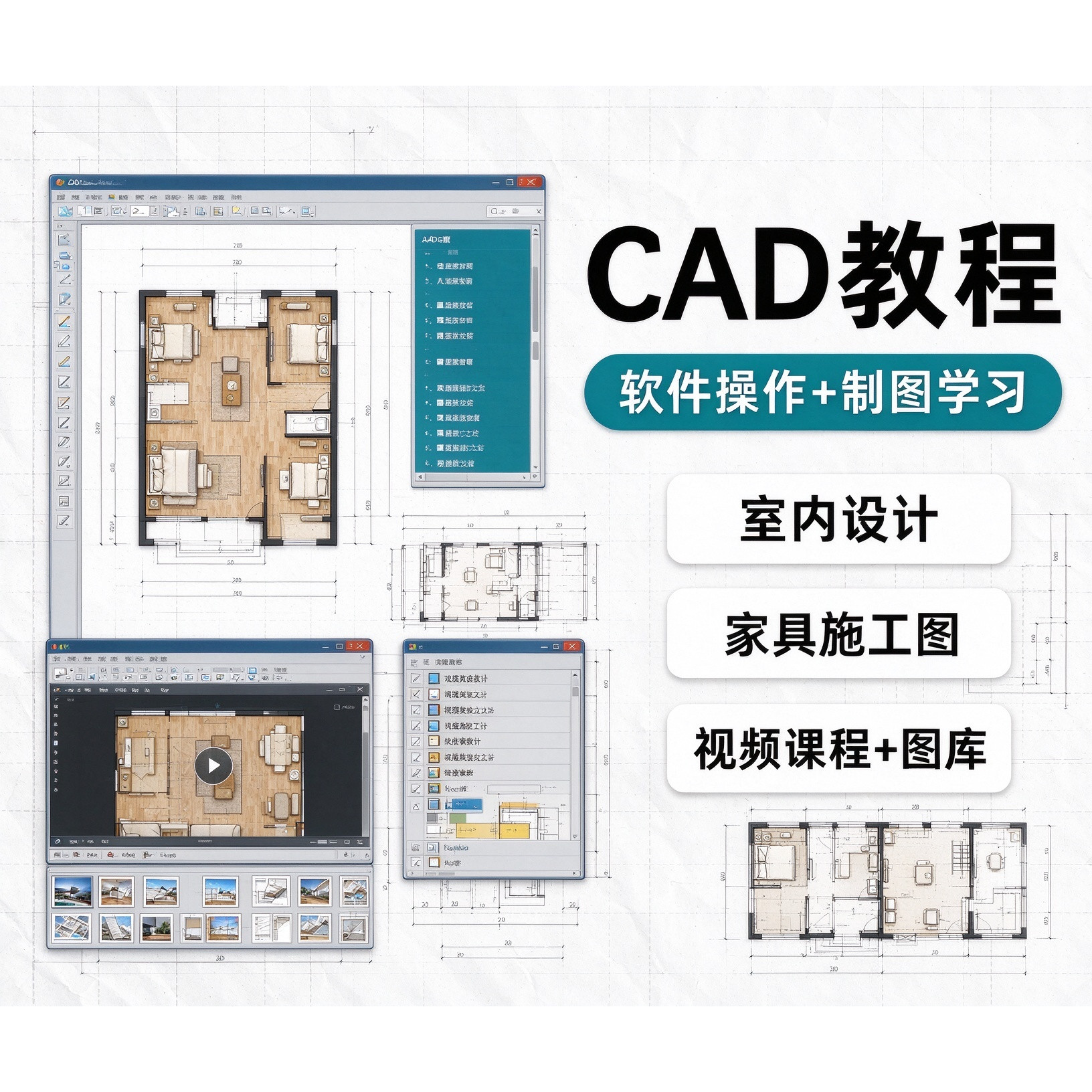CAD教程零基础自学软件操作制图学习室内设计家具课程加配套图库