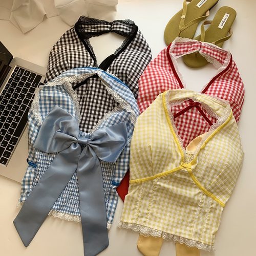 蝴蝶结格子短款挂脖背心女夏季