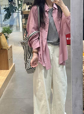 树莓粉色长袖衬衫女春季新款慵懒