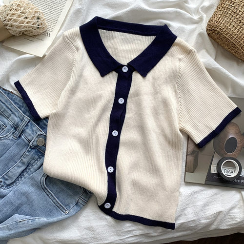 温柔风polo领上衣冰丝针织衫女