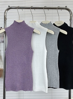 辣妹高领针织吊带背心女春季紫色无袖工字弹力修身打底衫内搭上衣