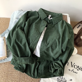 宽松打底叠穿灯芯绒衬衣 女春秋季 复古氛围感韩范长袖 内搭绿色衬衫