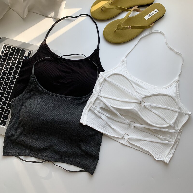 辣妹甜酷交叉露背挂脖吊带女夏季黑色美背设计感小背心含胸垫上衣