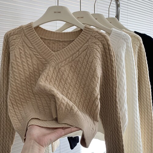 法式锁骨V领内搭长袖针织衫毛衣