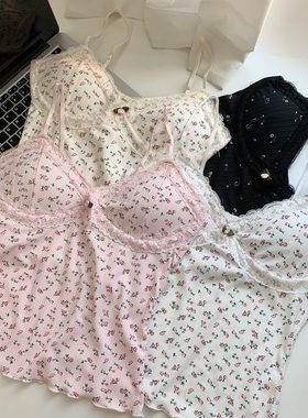 美式复古黑色性感碎花蕾丝辣妹吊带背心女夏季带胸垫修身百搭上衣