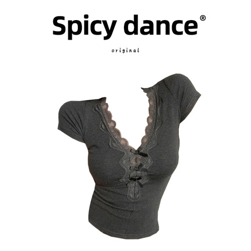 蝴蝶结灰色v领短袖T恤女装夏季