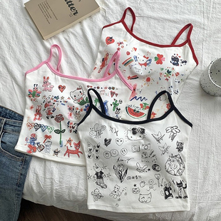 辣舞家甜辣卡通撞色印花图案吊带背心女夏修身 美背衣 外穿内搭无袖