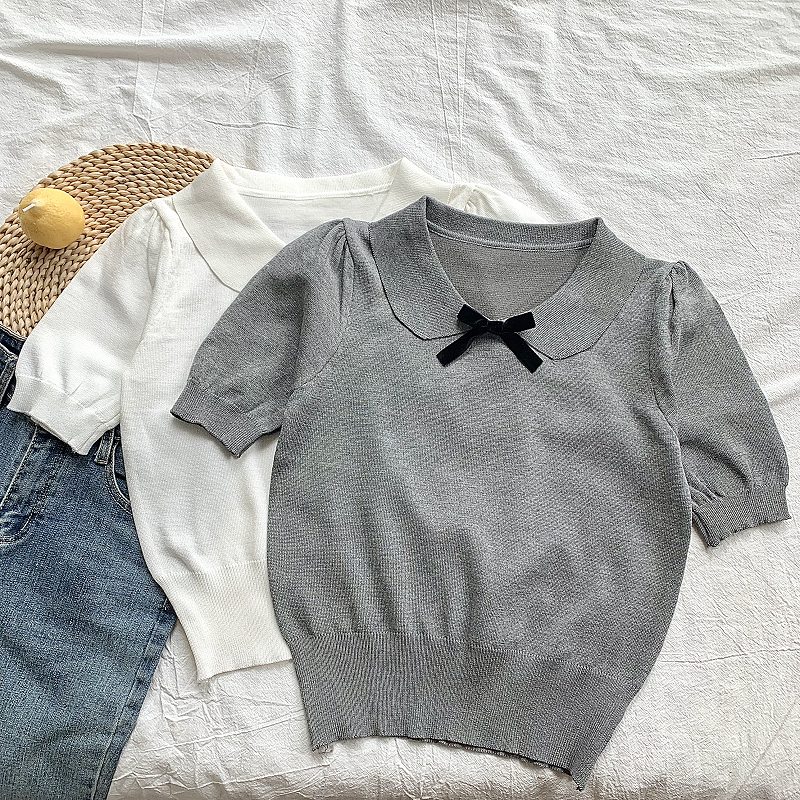 学院风娃娃领减龄蝴蝶结正肩短袖针织衫女夏季设计感小众短款上衣