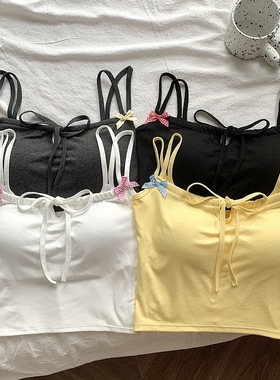 纯欲蝴蝶结黄色吊带背心女装夏季带胸垫系带短款修身显瘦上衣外穿