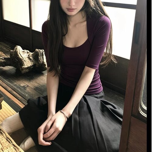 韩系性感风辣妹方领短袖T恤女夏