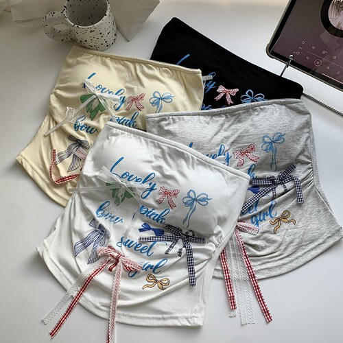 蝴蝶结蕾丝字母印花吊带背心女