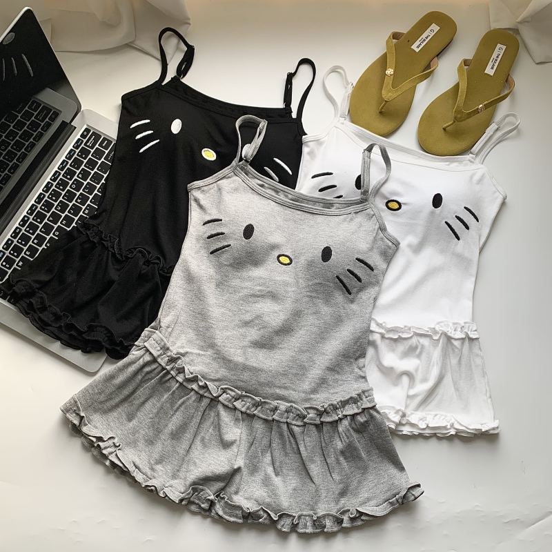 趣味猫咪印花吊带背心女春