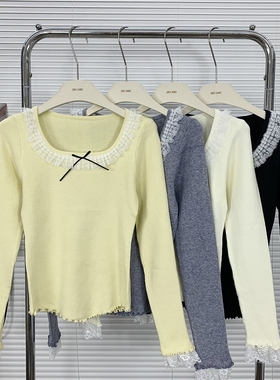 miu系奶黄色蝴蝶结蕾丝打底衫女春秋纯欲内搭毛衣木耳边针织上衣