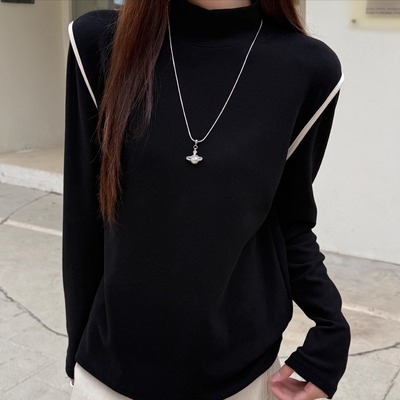 德绒半高领撞色长袖磨毛打底衫女