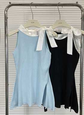 蝴蝶结露背挂脖针织小背心女夏季修身辣妹设计感外穿蓝色无袖上衣