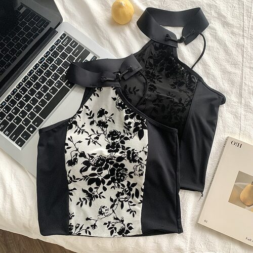 立领盘扣露脐挂脖背心短款设计感