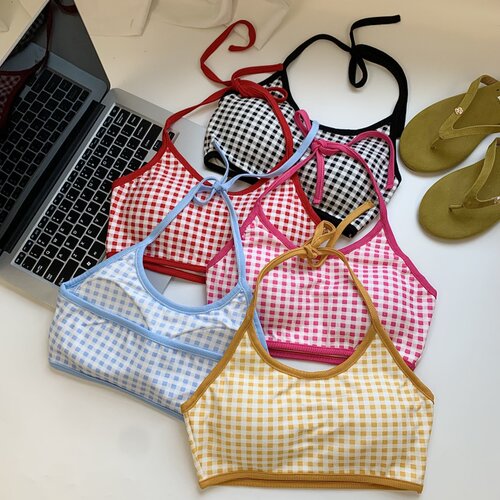 辣妹风格子挂脖吊带背心女