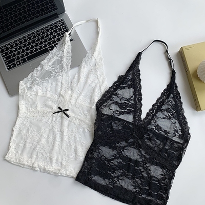 白色纯欲性感V领修身蝴蝶结挂脖蕾丝吊带打底内搭外穿
