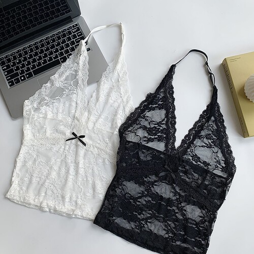 白色纯欲性感V领修身蝴蝶结挂脖蕾丝吊带打底内搭外穿