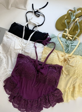 黄色蝴蝶结吊带挂脖背心女夏季蕾丝拼接抹胸内搭热辣妹带胸垫上衣