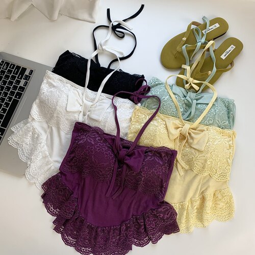 黄色蝴蝶结吊带挂脖背心女