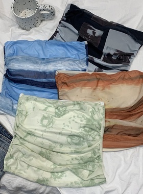 法式小众性感扎染网纱抹胸内搭紧身背心外穿一字肩短款露脐上衣潮